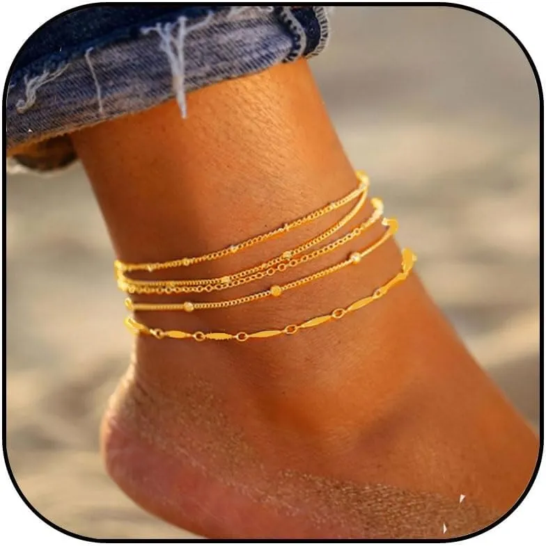 Gold Anklet Set for Women Boho Stackable Ankle Bracelets Trendy Waterproof Anklets Adjustable Dainty Cute Beaded Anklets Summer Beach Jewelry