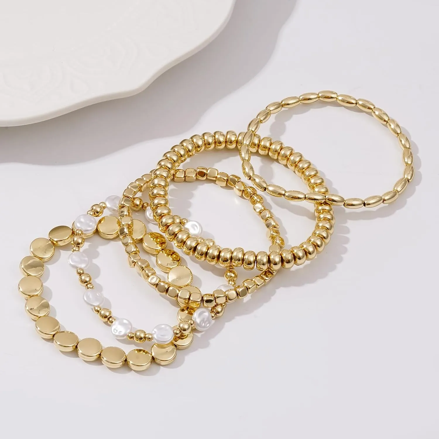 Gold Beaded Bracelets for Women Trendy, 14K Gold Plated Stack Cross Pearl Gold Bead Stretch Bracelets Set Elastic Hypoallergenic Bracelets Jewelry Gifts