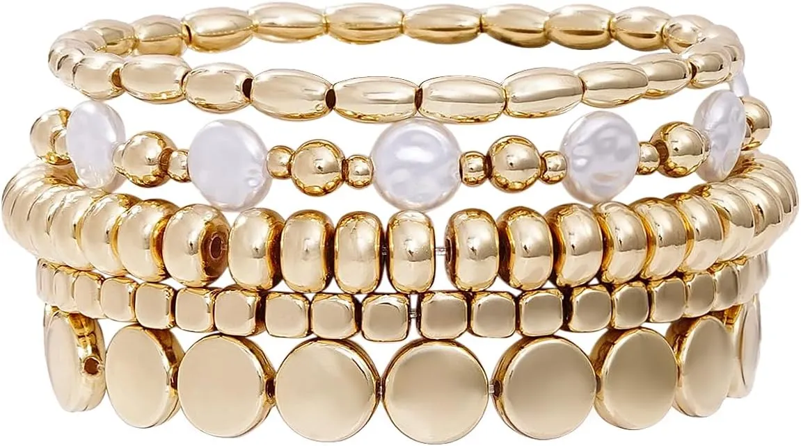 Gold Beaded Bracelets for Women Trendy, 14K Gold Plated Stack Cross Pearl Gold Bead Stretch Bracelets Set Elastic Hypoallergenic Bracelets Jewelry Gifts
