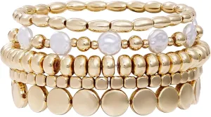 Gold Beaded Bracelets for Women Trendy, 14K Gold Plated Stack Cross Pearl Gold Bead Stretch Bracelets Set Elastic Hypoallergenic Bracelets Jewelry Gifts