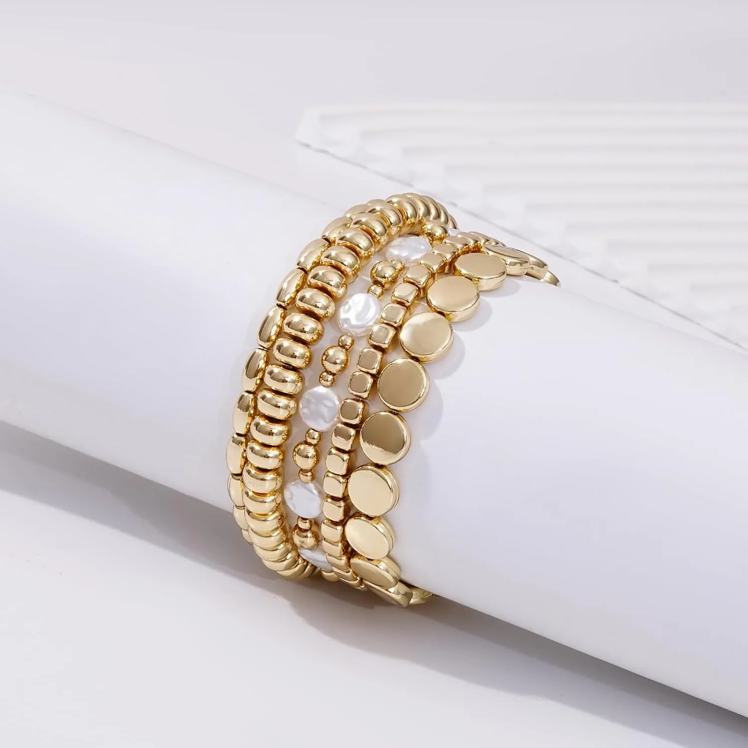 Gold Beaded Bracelets for Women Trendy, 14K Gold Plated Stack Cross Pearl Gold Bead Stretch Bracelets Set Elastic Hypoallergenic Bracelets Jewelry Gifts