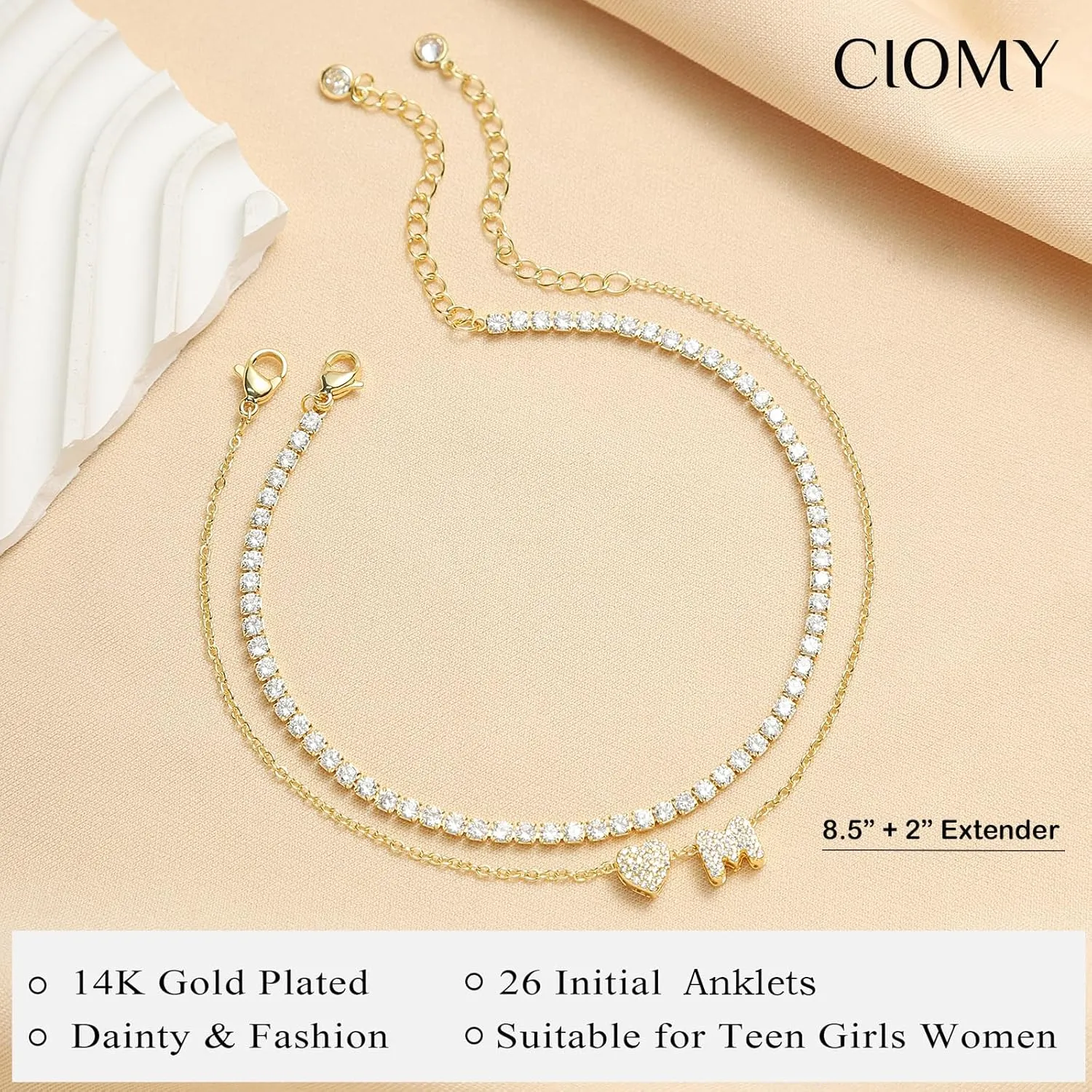 Gold Initial Ankle Bracelets for Women 14K Gold Plated CZ heart Tennis Anklets for Women Waterproof Adjustable Initial Anklets Large Ankle Summer Beach Foot Jewelry