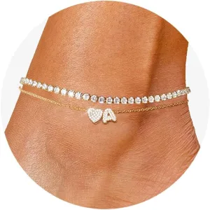 Gold Initial Ankle Bracelets for Women 14K Gold Plated CZ heart Tennis Anklets for Women Waterproof Adjustable Initial Anklets Large Ankle Summer Beach Foot Jewelry