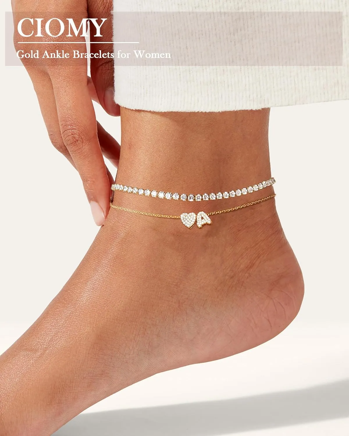 Gold Initial Ankle Bracelets for Women 14K Gold Plated CZ heart Tennis Anklets for Women Waterproof Adjustable Initial Anklets Large Ankle Summer Beach Foot Jewelry