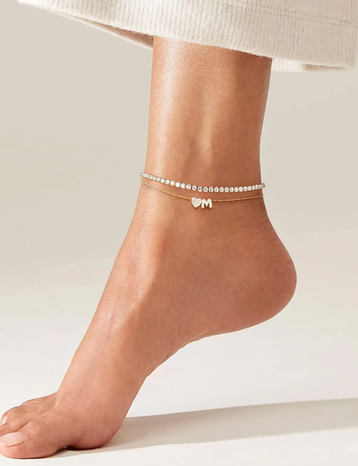 Gold Initial Ankle Bracelets for Women 14K Gold Plated CZ heart Tennis Anklets for Women Waterproof Adjustable Initial Anklets Large Ankle Summer Beach Foot Jewelry