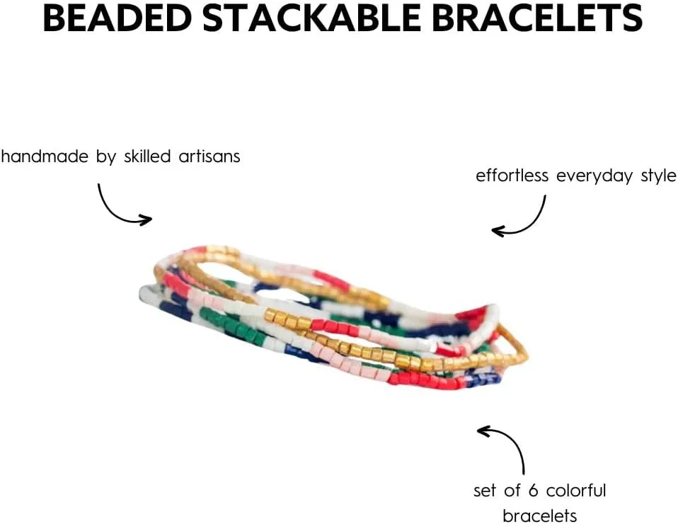 INK   ALLOY Beaded Stackable Bracelets for Women, Macy Luxe Small Beaded Stretch Boho Bracelet Stack, Handmade Jewelry for the Modern Bohemian, Set of 6