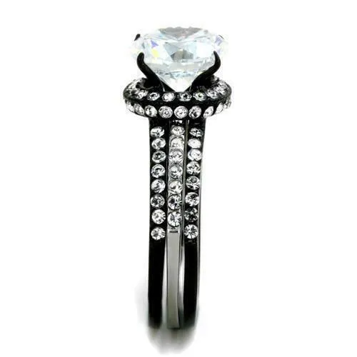 Jewellery Kingdom Cubic Zirconia Black Bands Solitaire Ladies Engagement Wedding Ring Set