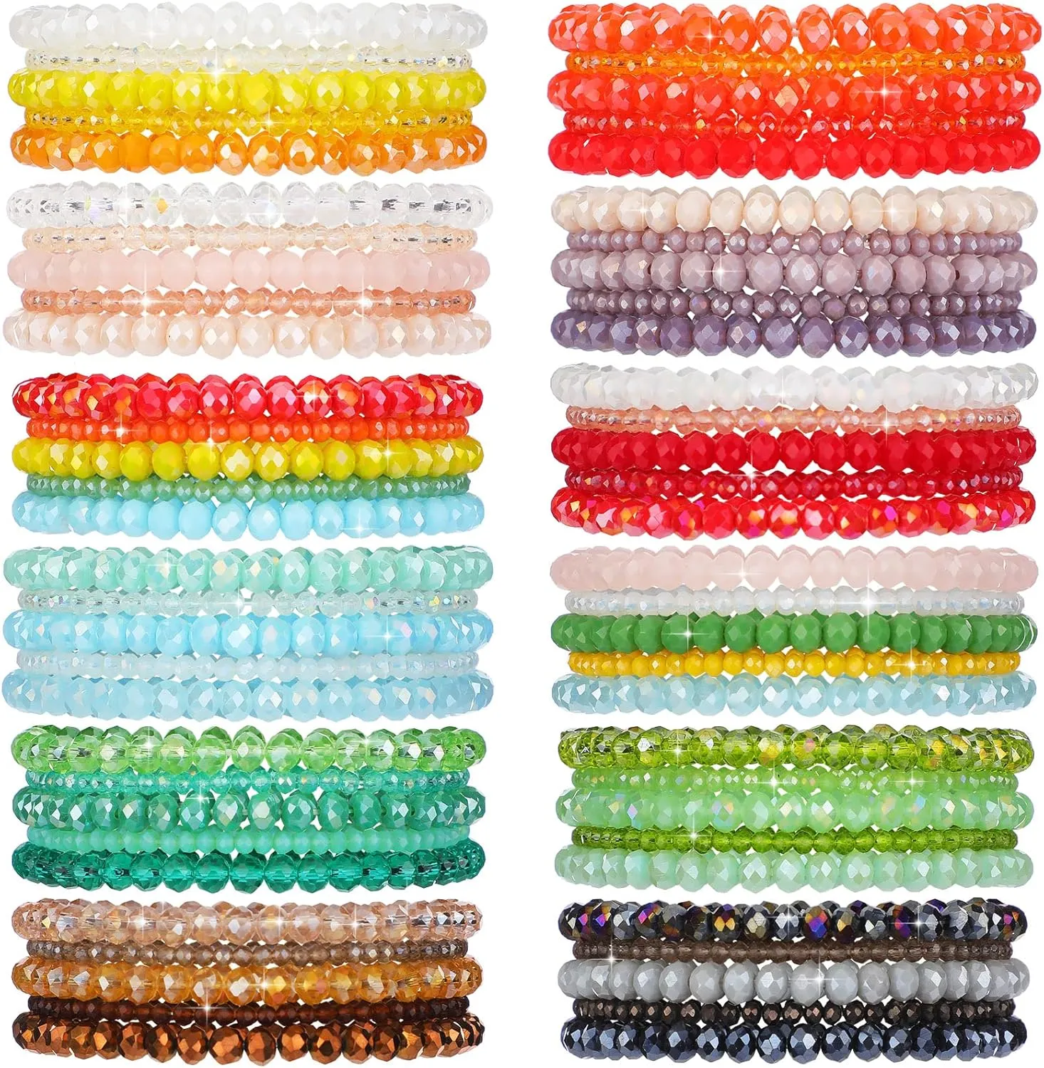 Junkin 60 Pcs Crystal Beaded Bracelets Bulk for Women Bohemian Multi Layer Stacking Statement Stretchy Strand Crystal Bead Bracelets Versatile Slip on Shiny