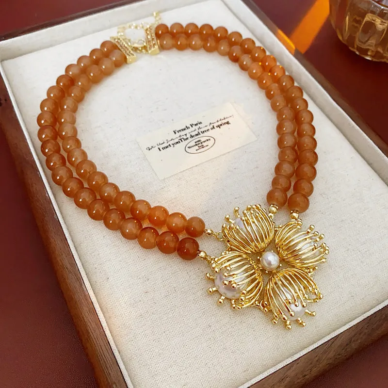 Luxurious Flower Geometric Flower Artificial Pearl Diamond Inlay Necklaces
