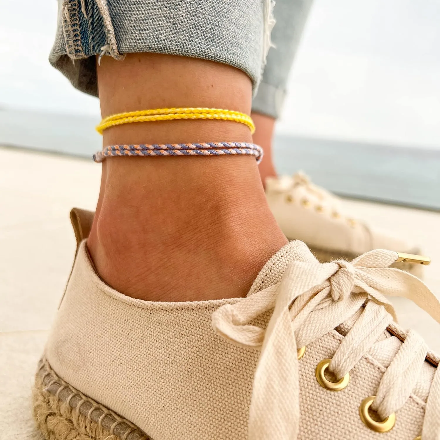 Made by Nami 2 Pcs Wave String Ankle Bracelets for Women Waterproof & Adjustable Thin Braided Anklet Surfer Boho Ankle Bracelet Set of 2 Beach Accessories (Lilac & Lemon)