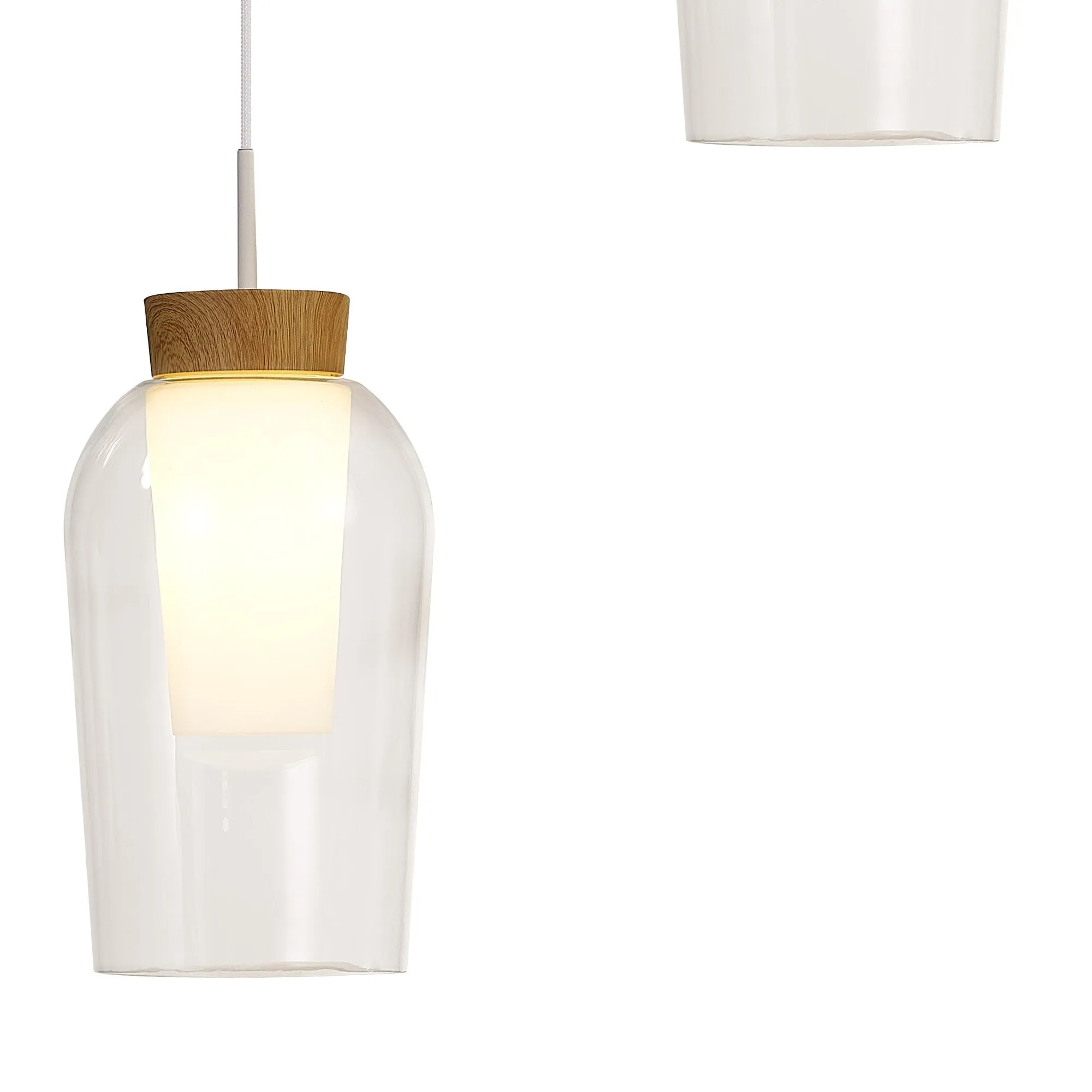 Mantra M8276 Nora 3 Light Round Pendant White/Wood/Clear Glass With Frosted Inner