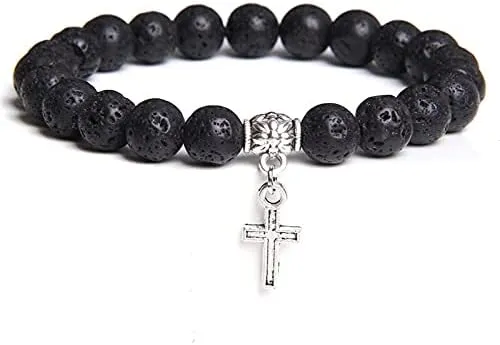 Men Beads Bracelet Slivers Color Cross Pendant Bracelet Natural Stone Bracelets Charm for Women Healing Prayer Jewelry (Metal Color: Lava Stone - Length: 21CM)