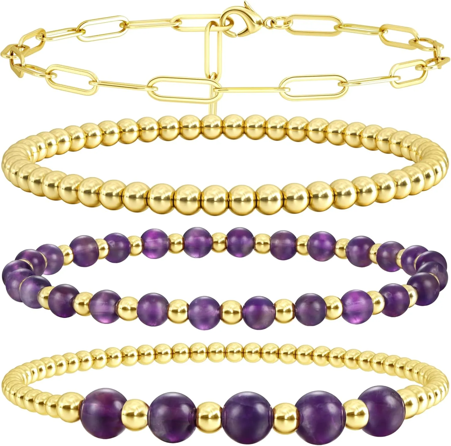 Sanfenly Gold Beaded Bracelets for Women, 14k Real Gold Plated Bead Stretch Stackable Stacked Stacking Stretchy Layered Trendy Simple Pearl Turquoise Amethyst Crystal Paperclip Chain Bracelet Sets