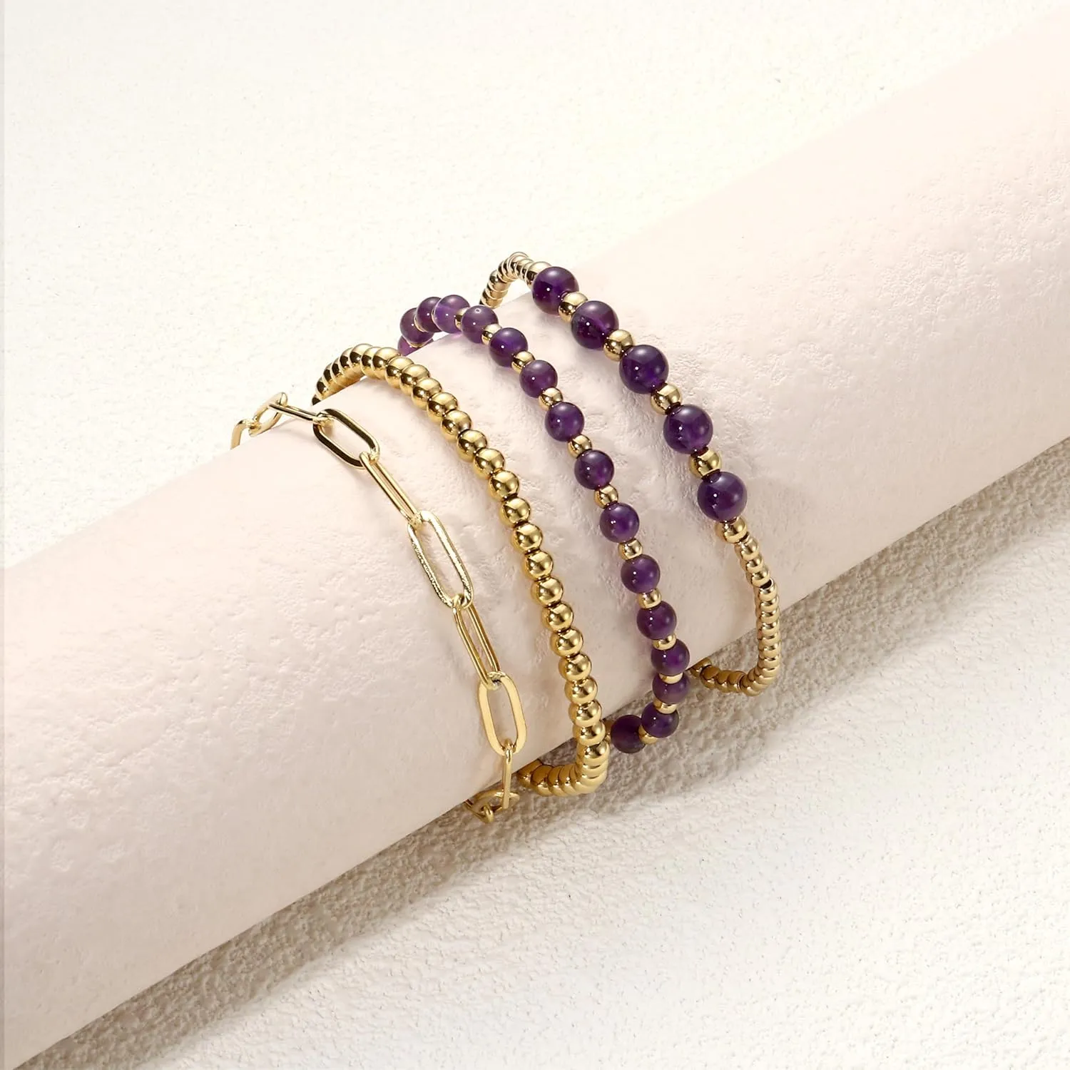 Sanfenly Gold Beaded Bracelets for Women, 14k Real Gold Plated Bead Stretch Stackable Stacked Stacking Stretchy Layered Trendy Simple Pearl Turquoise Amethyst Crystal Paperclip Chain Bracelet Sets