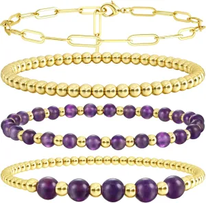 Sanfenly Gold Beaded Bracelets for Women, 14k Real Gold Plated Bead Stretch Stackable Stacked Stacking Stretchy Layered Trendy Simple Pearl Turquoise Amethyst Crystal Paperclip Chain Bracelet Sets