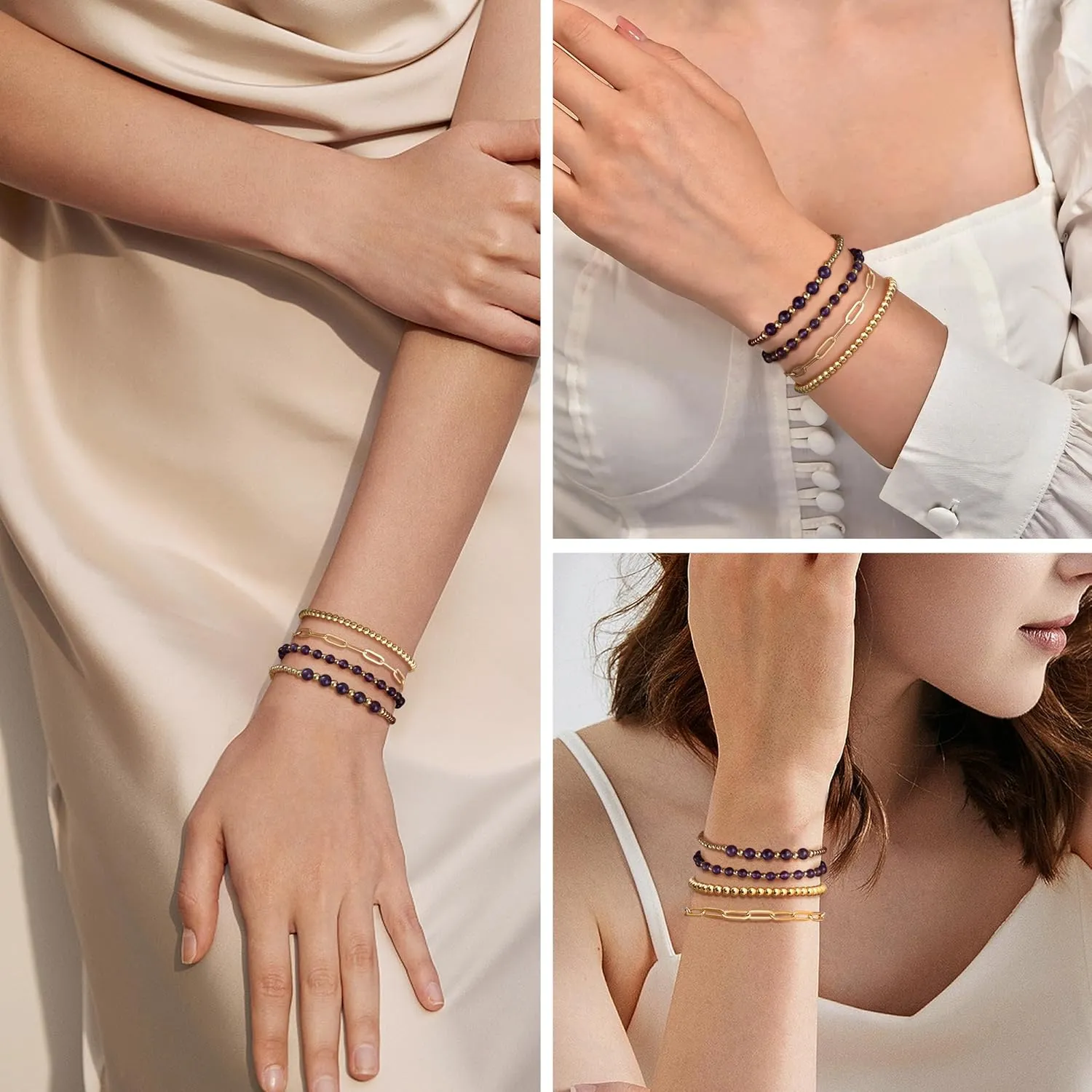 Sanfenly Gold Beaded Bracelets for Women, 14k Real Gold Plated Bead Stretch Stackable Stacked Stacking Stretchy Layered Trendy Simple Pearl Turquoise Amethyst Crystal Paperclip Chain Bracelet Sets