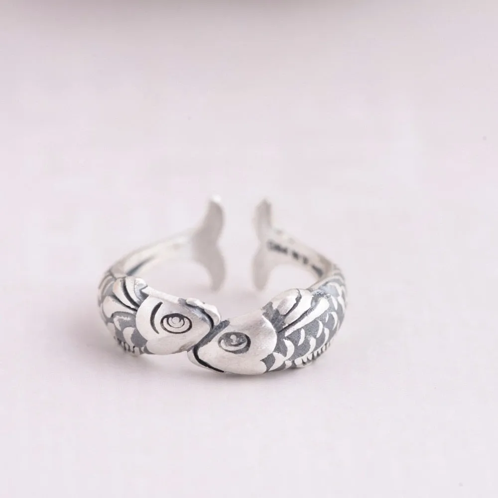 Save the Sea Life Jewelry Ethnic Style 925 Sterling Silver Kissing Fish Ring