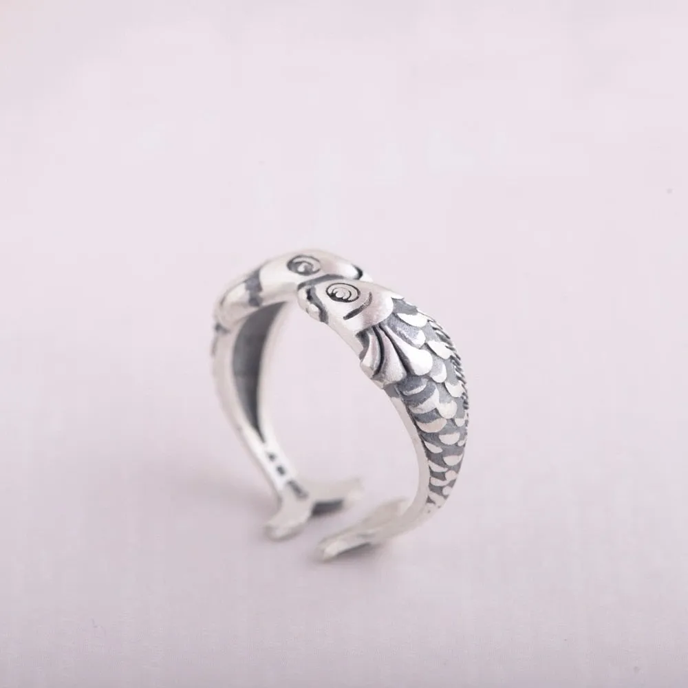 Save the Sea Life Jewelry Ethnic Style 925 Sterling Silver Kissing Fish Ring