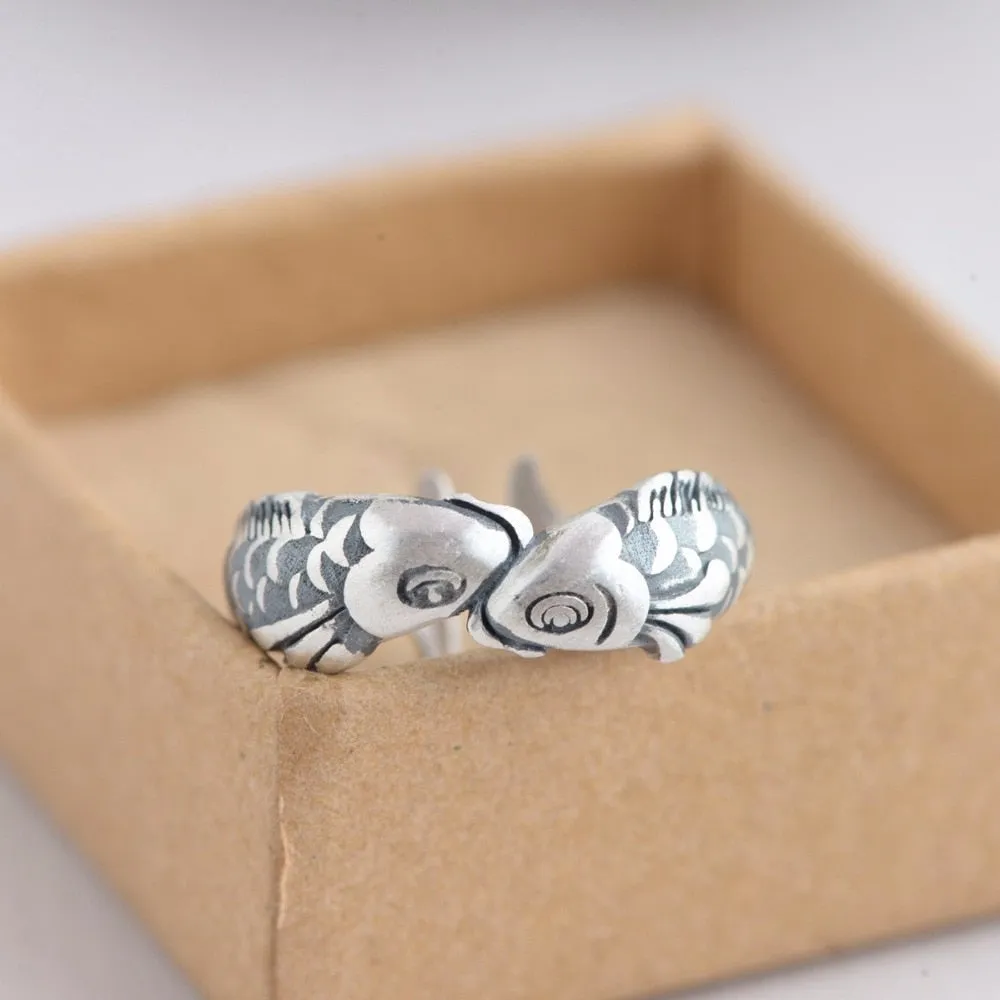 Save the Sea Life Jewelry Ethnic Style 925 Sterling Silver Kissing Fish Ring