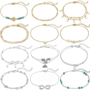 Starain 12pcs Women's Charm Anklet Set Gold Multilayer Adjustable Ankle Bracelets Boho Beach Foot Anklet for Women