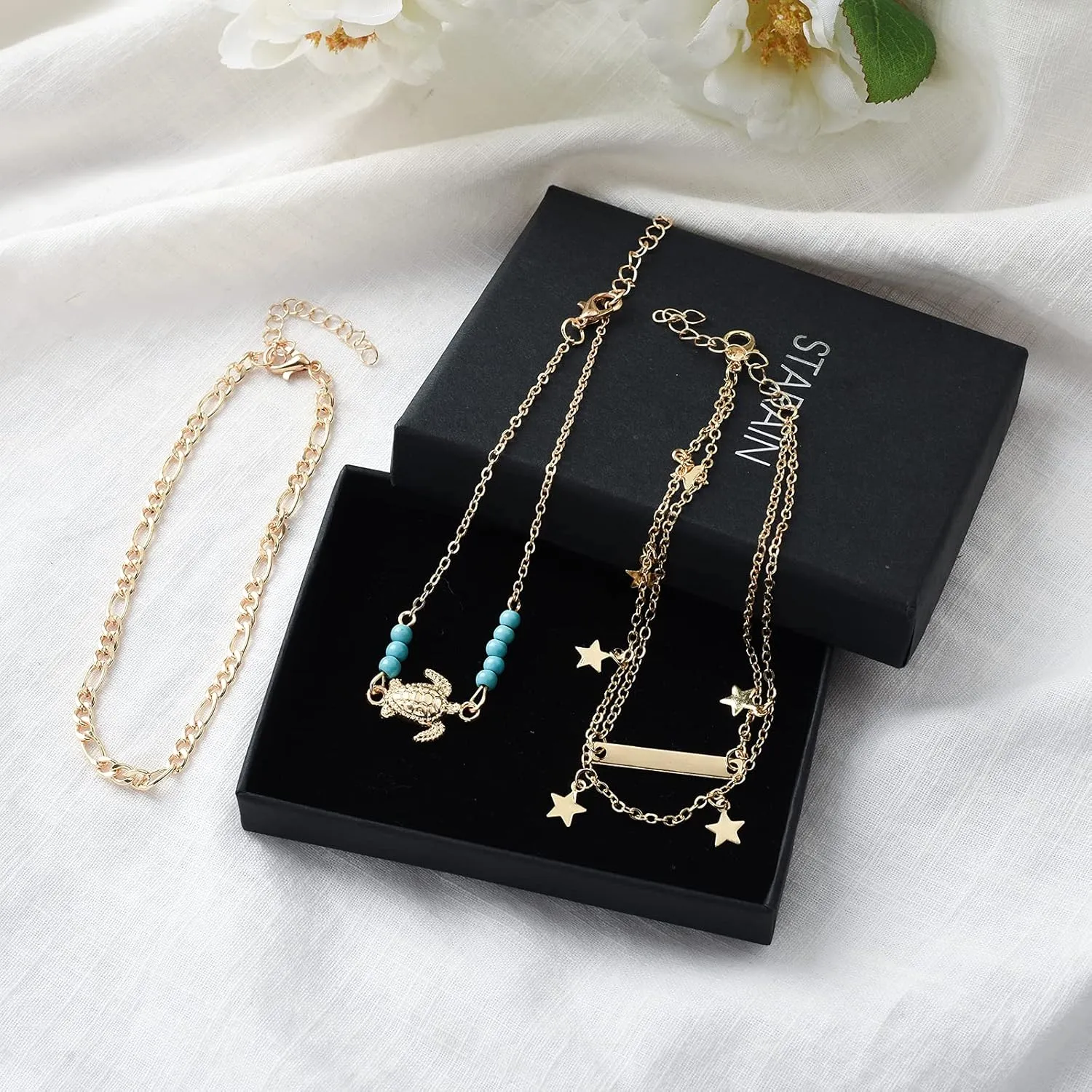 Starain 12pcs Women's Charm Anklet Set Gold Multilayer Adjustable Ankle Bracelets Boho Beach Foot Anklet for Women