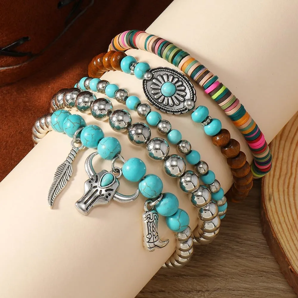Turquoise Western Cowgirl Bracelets for Women Handmade Stackable Turquoise Beaded Stretch Bracelet Vintage Rodeo Western Jewelry Set Country Cowboy Outfit Accessories