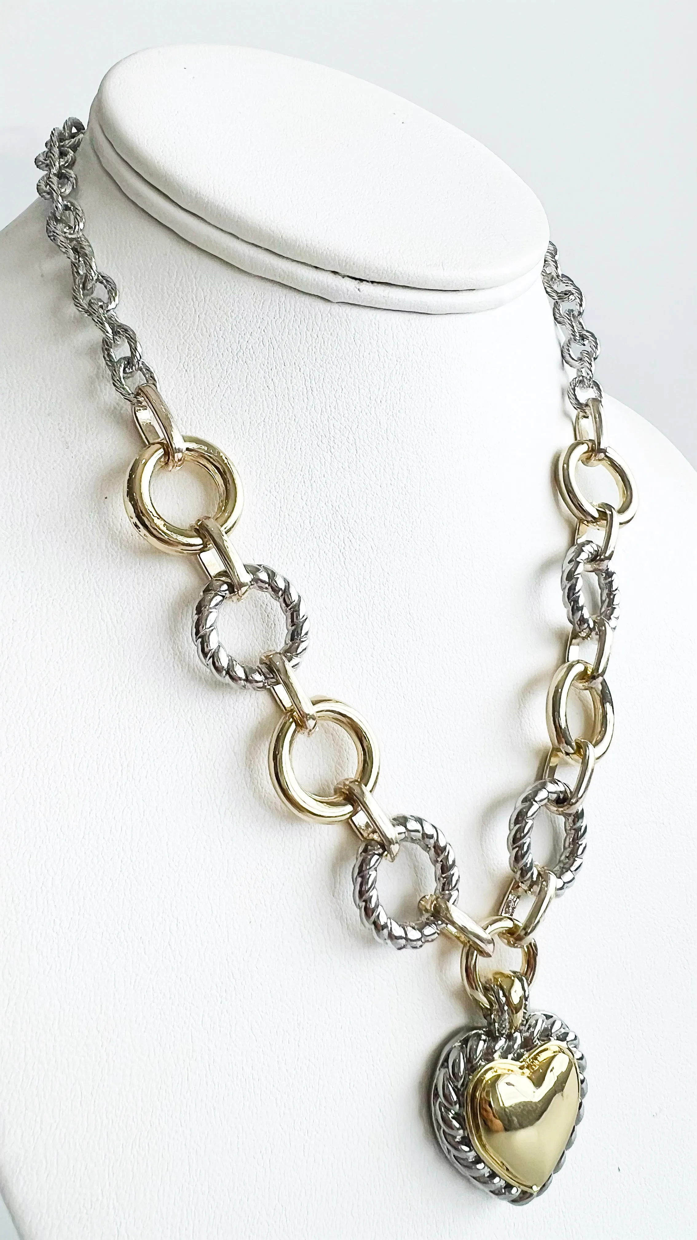 Two Tone Textured Heart Pendant Necklace