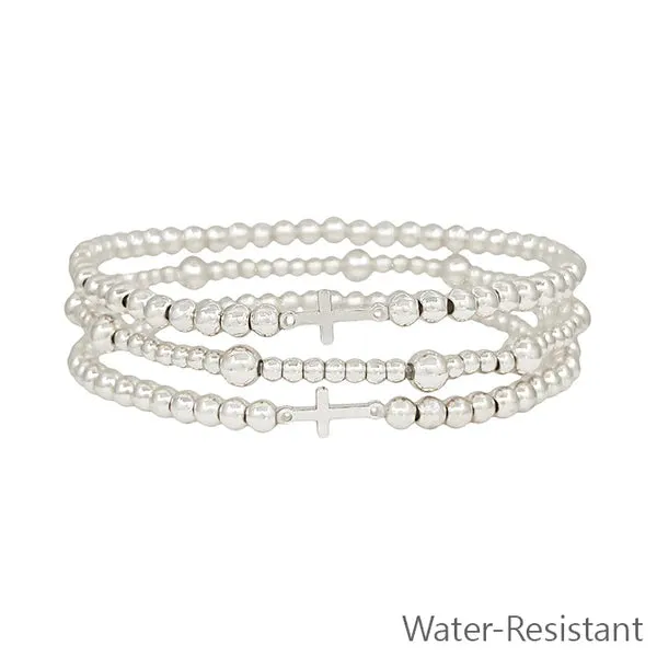 Water Resistant Small Beaded Set of 3 with Small Cross Accents Stretch Bracelet